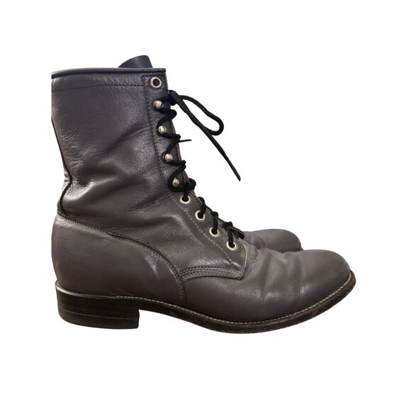 Justin 502 Vintage Gray Leather Lace-Up Combat Boots Stacked Heel Unisex 8 D - Picture 2 of 14